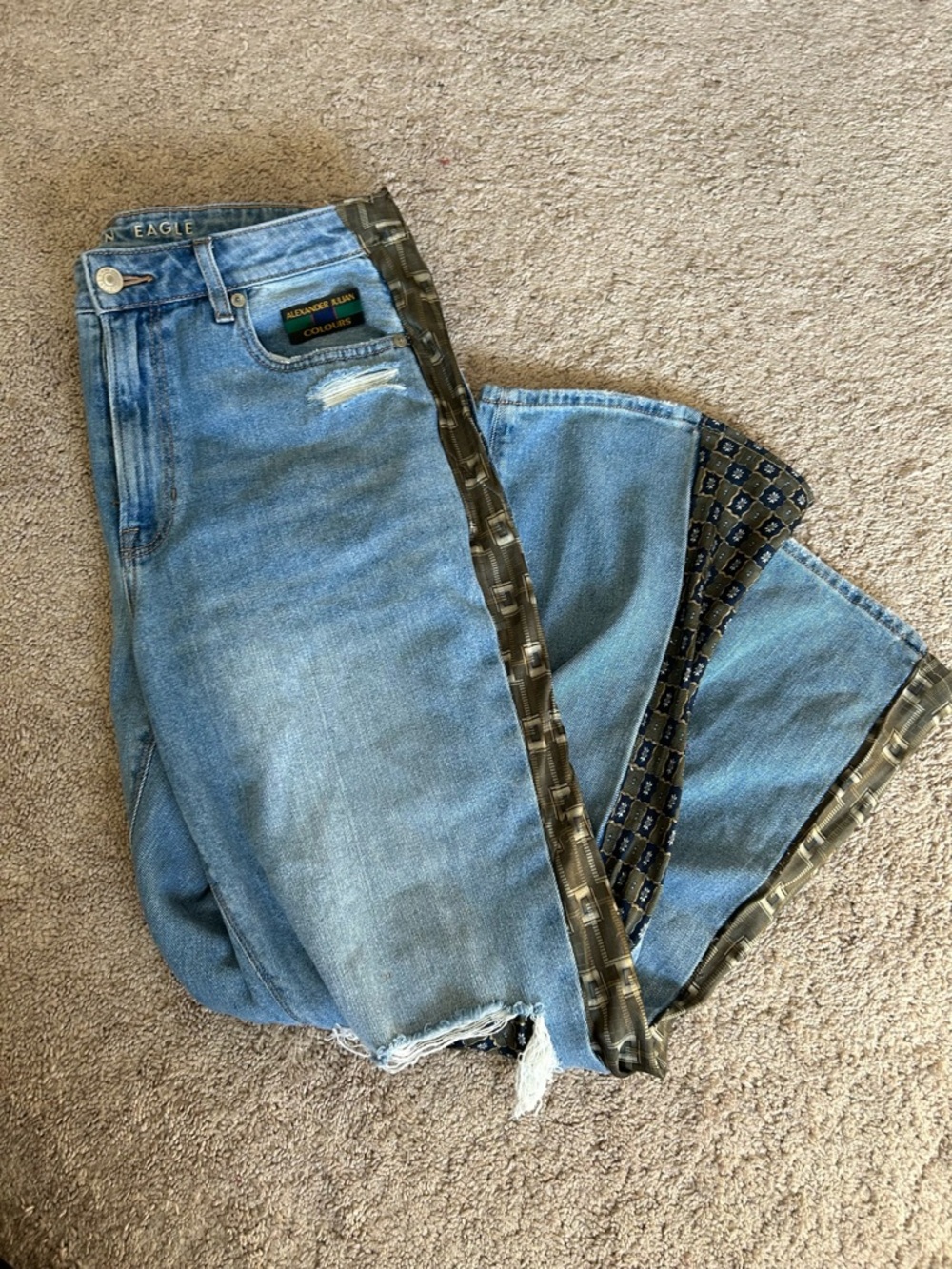 Light Blue Denim Jeans with Patterned Tie Inset